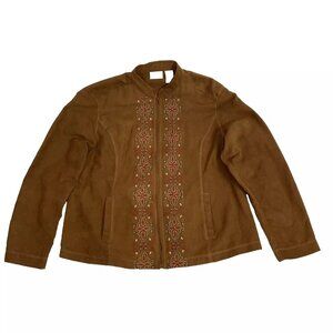 Erika Petite Embroidered Beaded Brown Full Zip Pockets Shirt Size PL Blouse